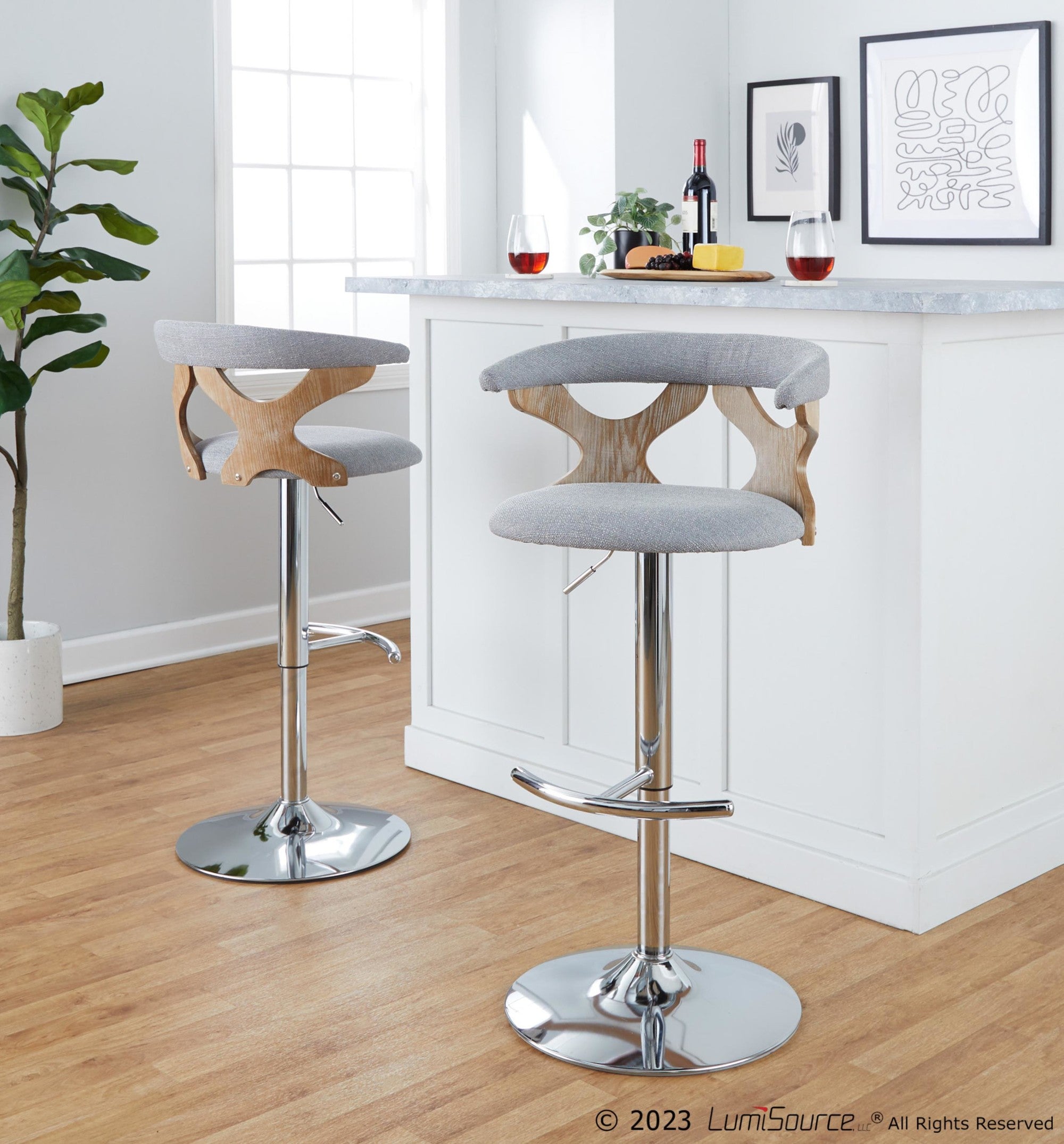 Gardenia Adjustable Barstool - Set of 2 - Chrome Metal, Whitewashed Wood, Oat Fabric