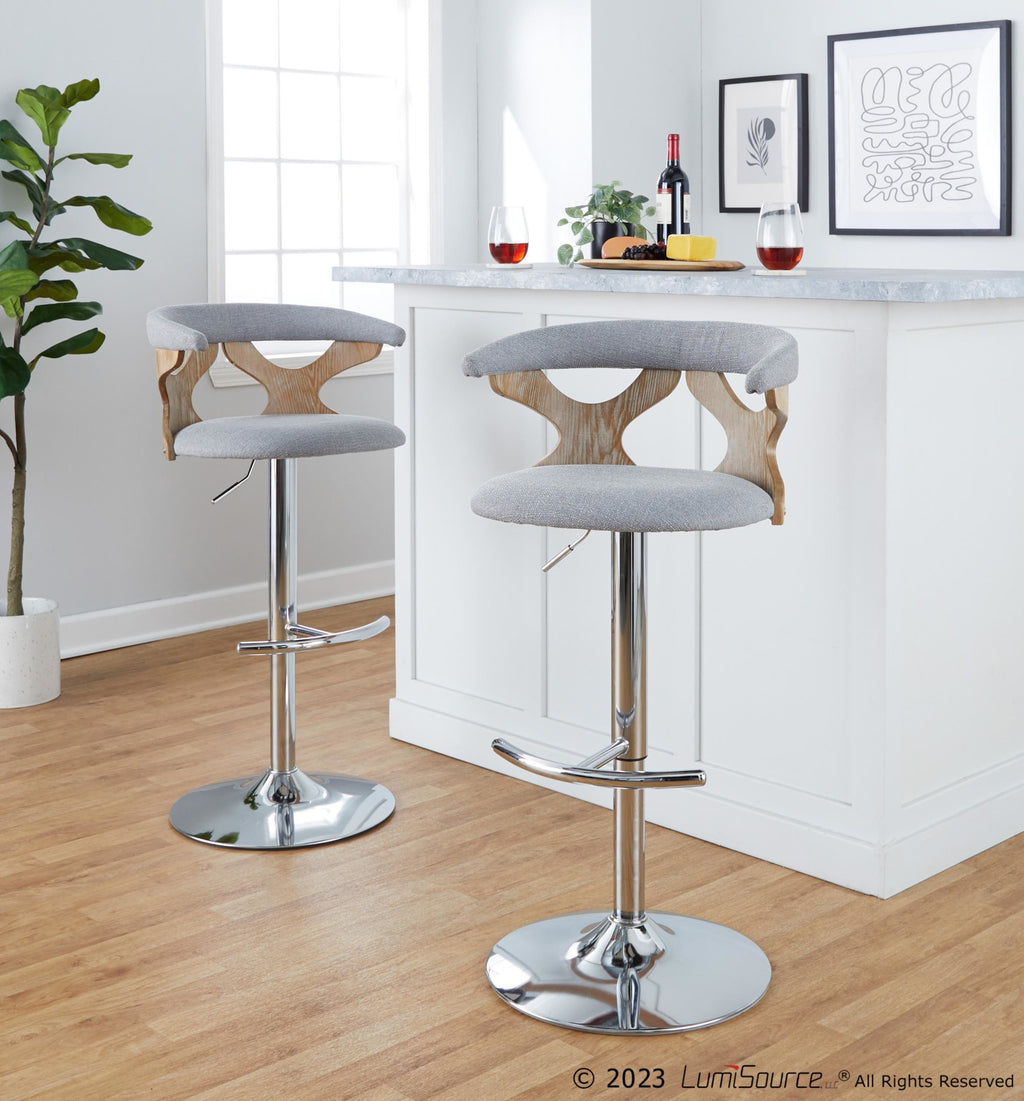 Gardenia Adjustable Barstool - Set of 2 - Chrome Metal, Whitewashed Wood, Oat Fabric