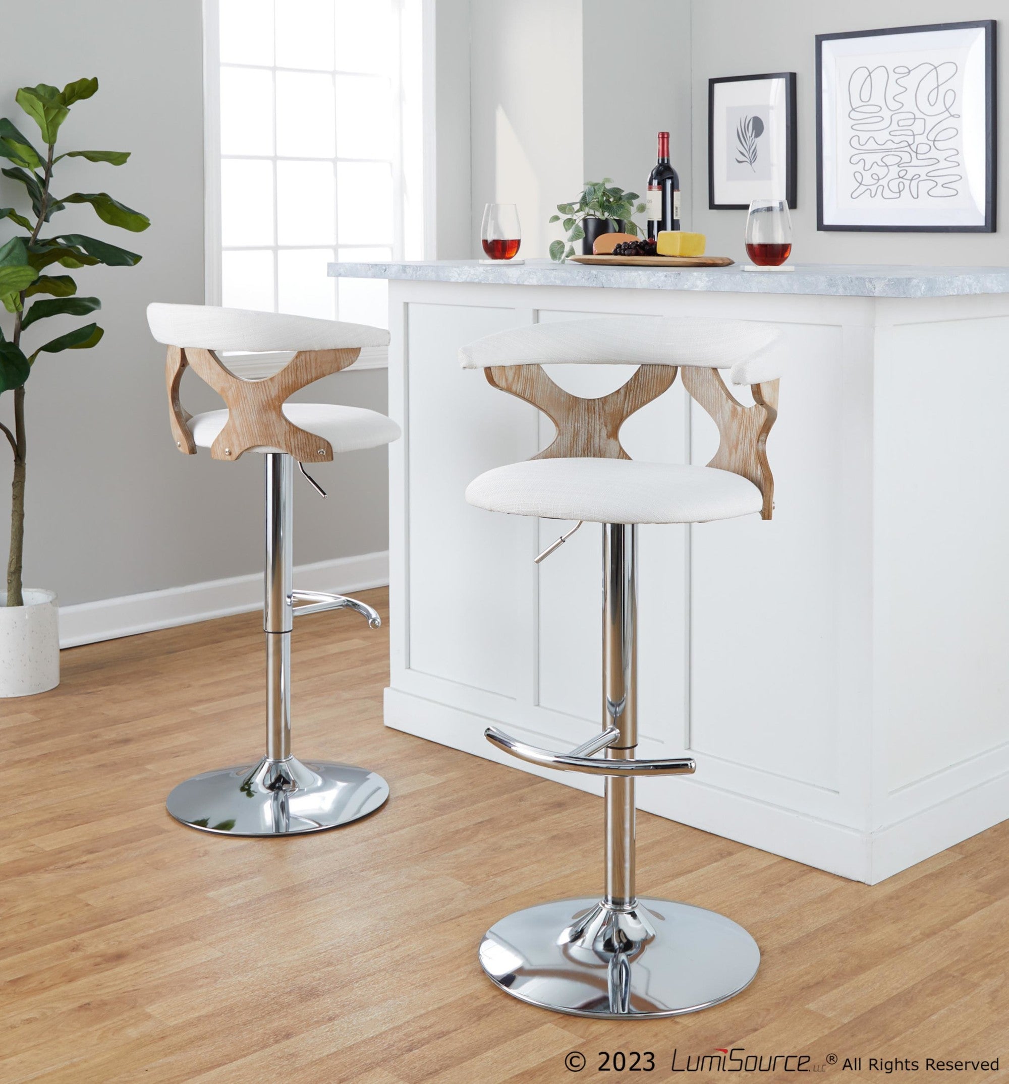 Gardenia Adjustable Barstool - Set of 2 - Chrome Metal, Whitewashed Wood, Cream Fabric