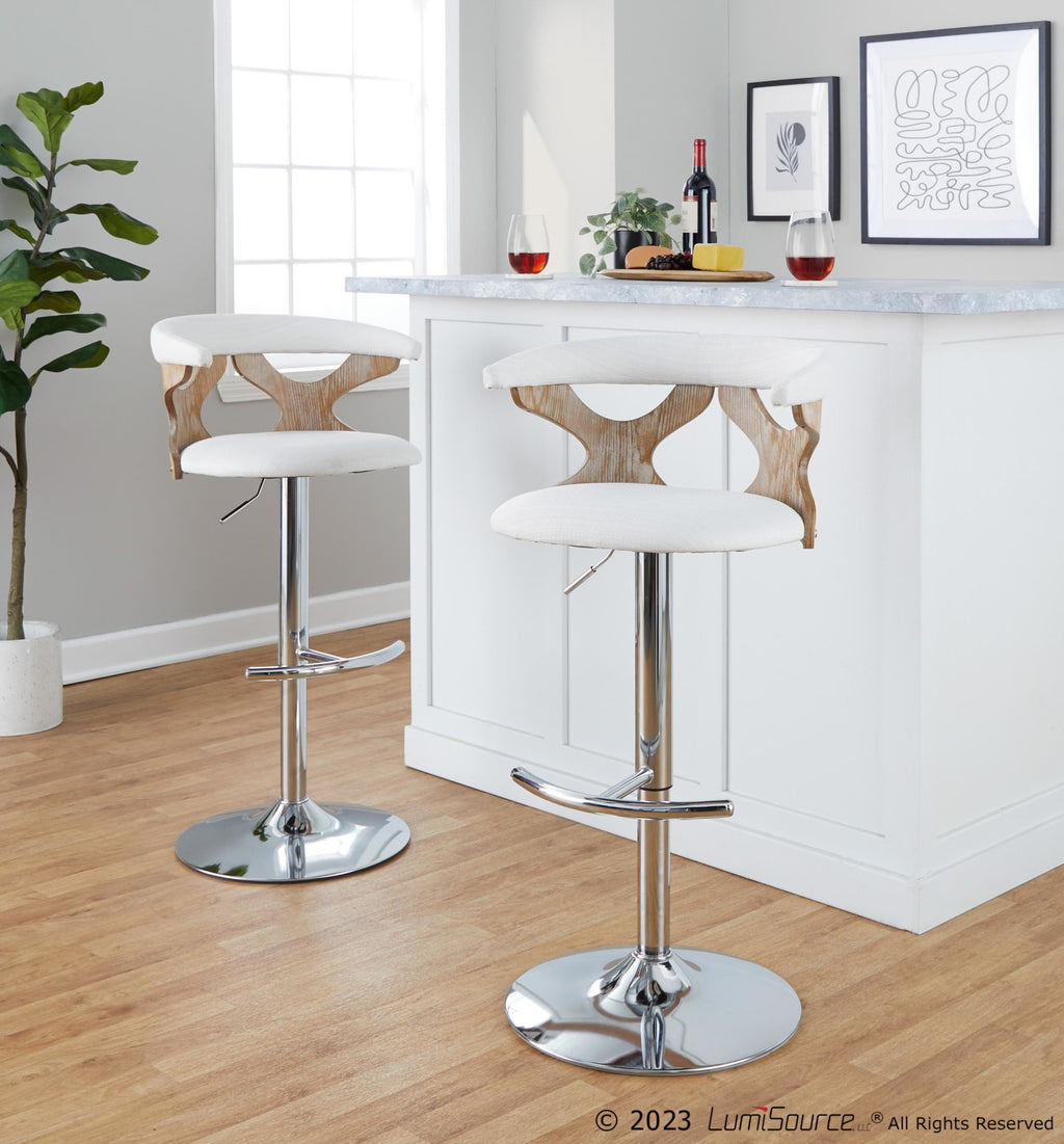 Gardenia Adjustable Barstool - Set of 2 - Chrome Metal, Whitewashed Wood, Cream Fabric