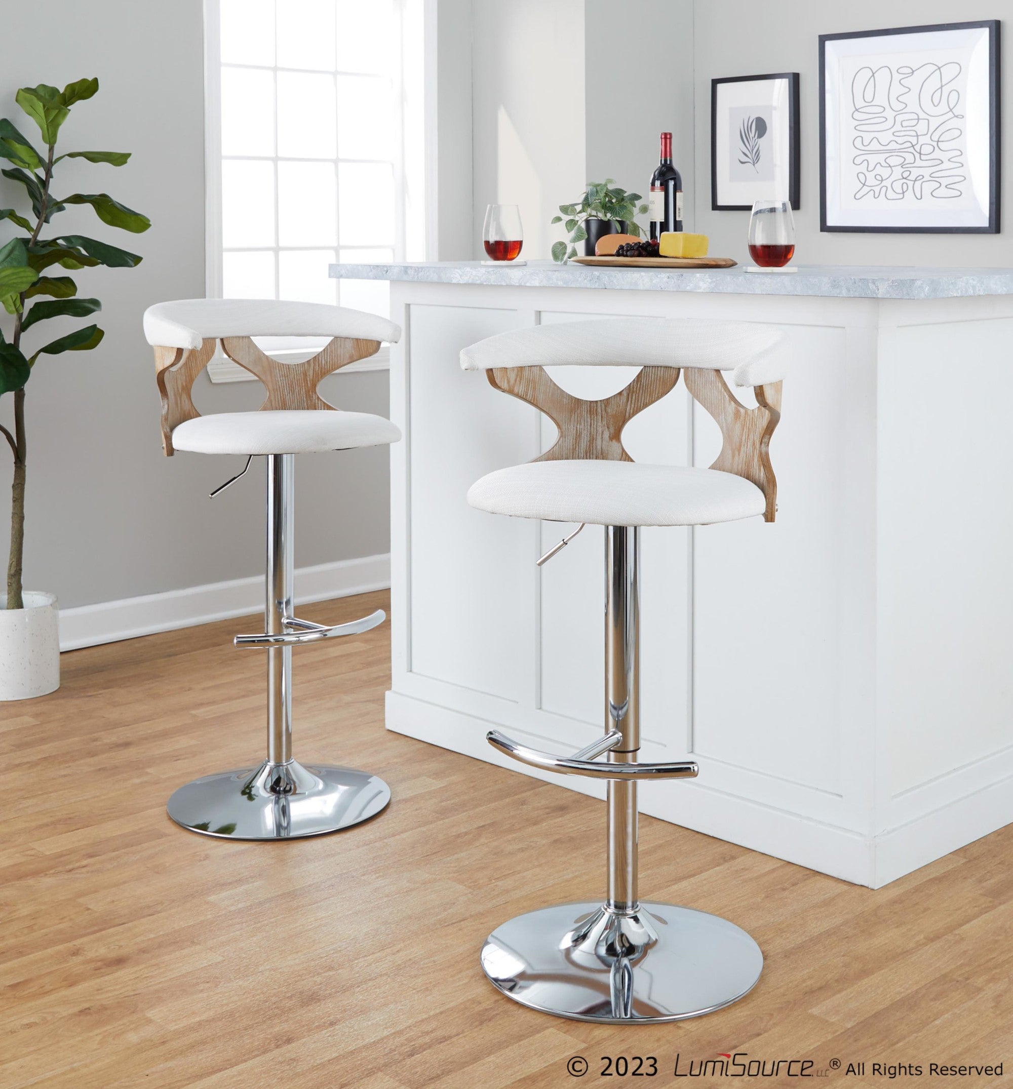 Gardenia Adjustable Barstool - Set of 2 - Chrome Metal, Whitewashed Wood, Cream Fabric