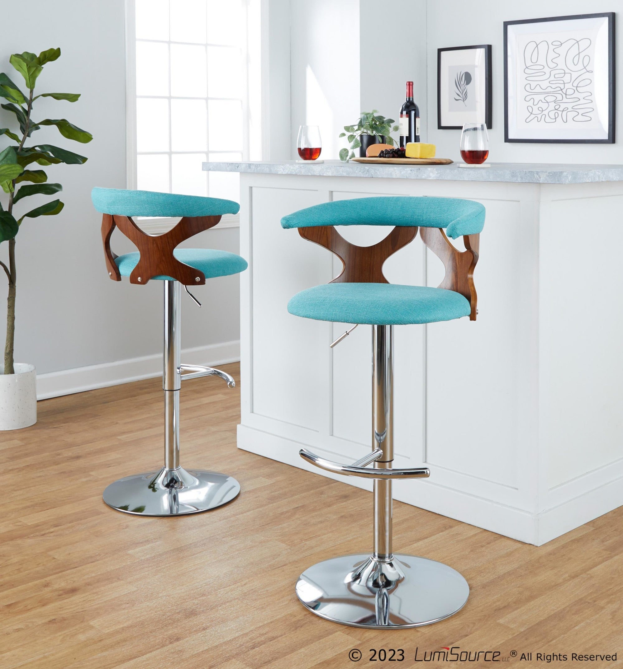 Gardenia Adjustable Barstool - Set of 2 - Chrome Metal, Walnut Wood, Teal Fabric