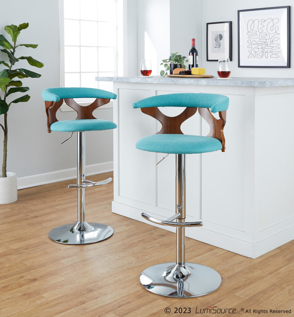 Gardenia Adjustable Barstool - Set of 2 - Chrome Metal, Walnut Wood, Teal Fabric