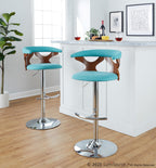 Gardenia Adjustable Barstool - Set of 2 - Chrome Metal, Walnut Wood, Teal Fabric
