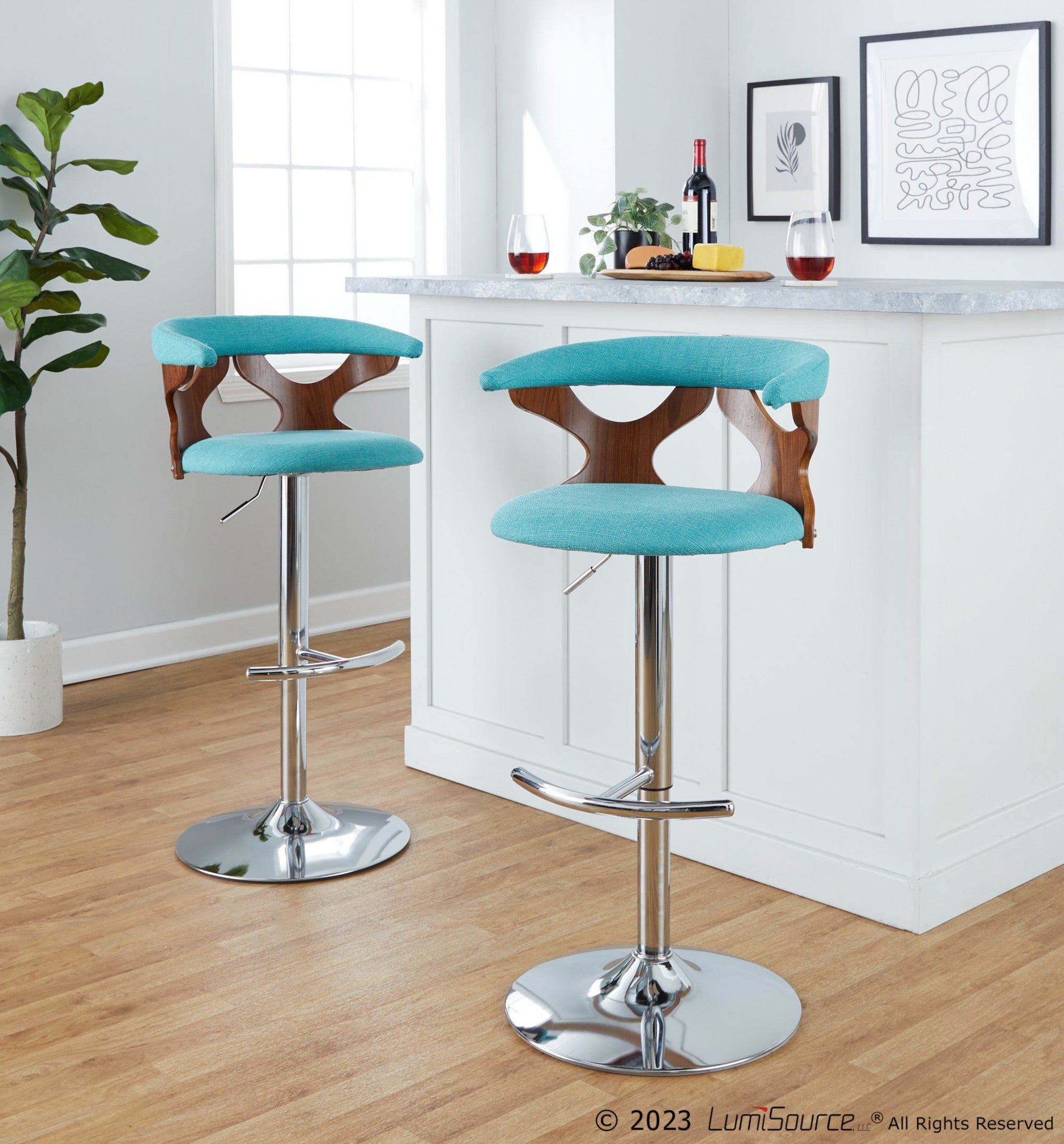 Gardenia Adjustable Barstool - Set of 2 - Chrome Metal, Walnut Wood, Teal Fabric