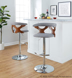 Gardenia Adjustable Barstool - Set of 2 - Chrome Metal, Walnut Wood, Light Grey Fabric