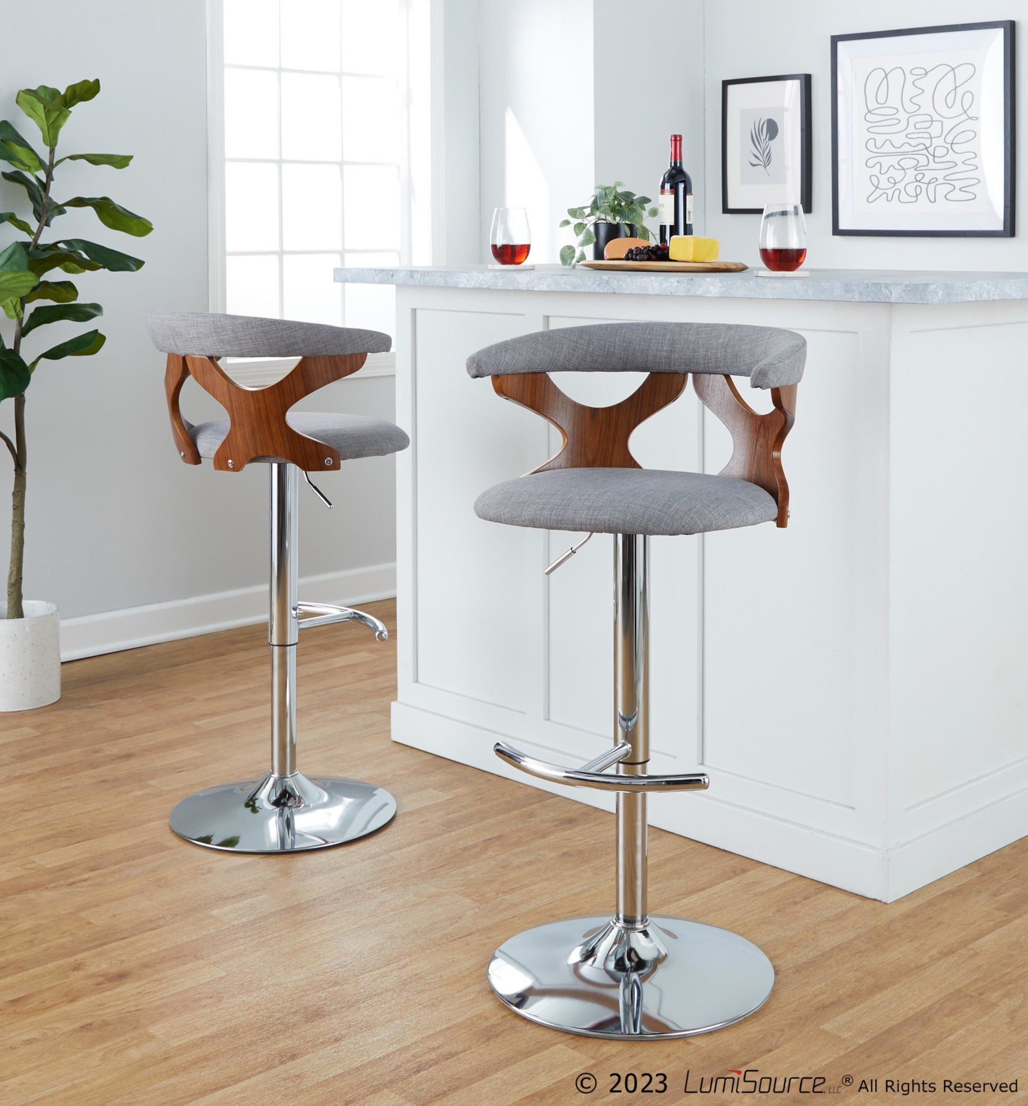 Gardenia Adjustable Barstool - Set of 2 - Chrome Metal, Walnut Wood, Light Grey Fabric
