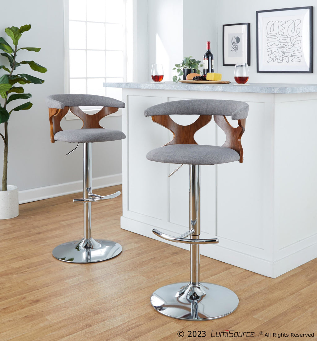 Gardenia Adjustable Barstool - Set of 2 - Chrome Metal, Walnut Wood, Light Grey Fabric