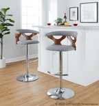 Gardenia Adjustable Barstool - Set of 2 - Chrome Metal, Walnut Wood, Light Grey Fabric