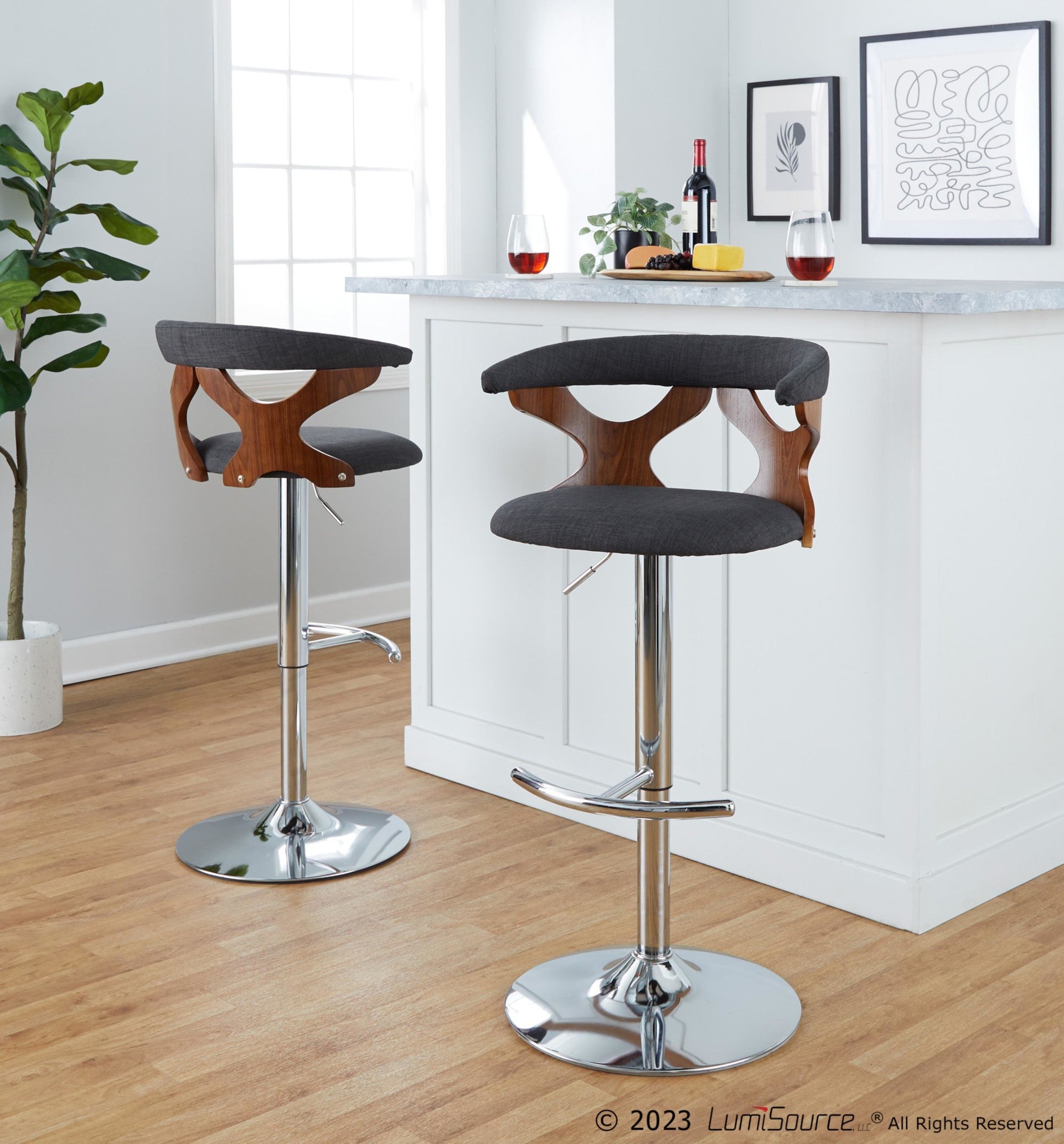 Gardenia Adjustable Barstool - Set of 2 - Chrome Metal, Walnut Wood, Charcoal Fabric