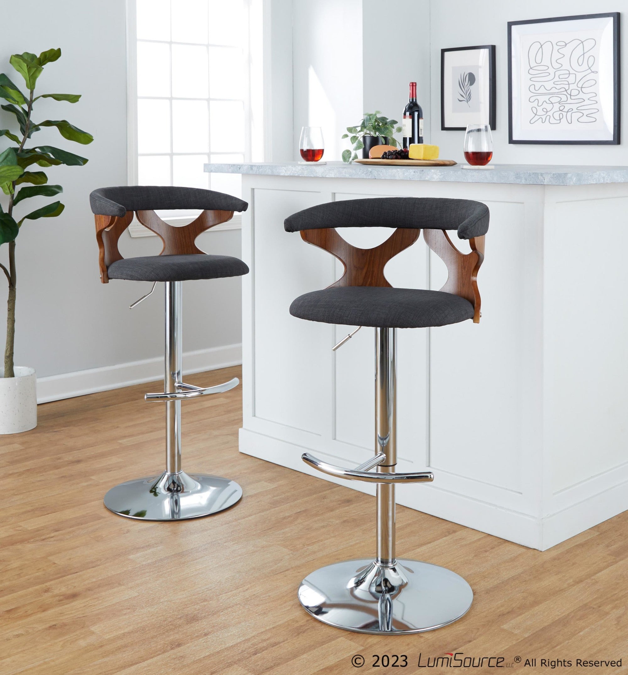 Gardenia Adjustable Barstool - Set of 2 - Chrome Metal, Walnut Wood, Charcoal Fabric