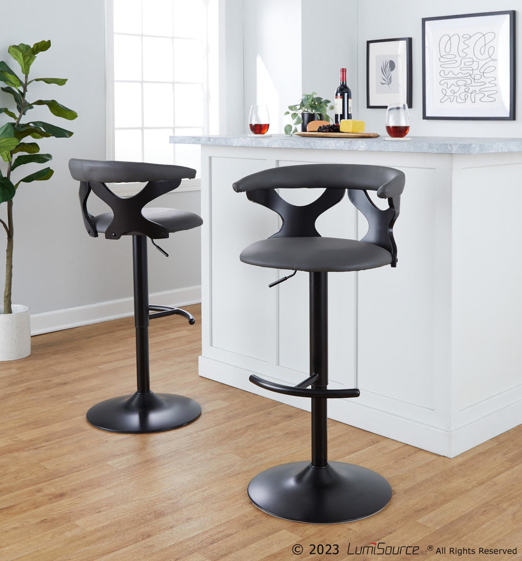 Gardenia Adjustable Barstool - Set of 2 - Black Wood, Black Metal, Grey PU