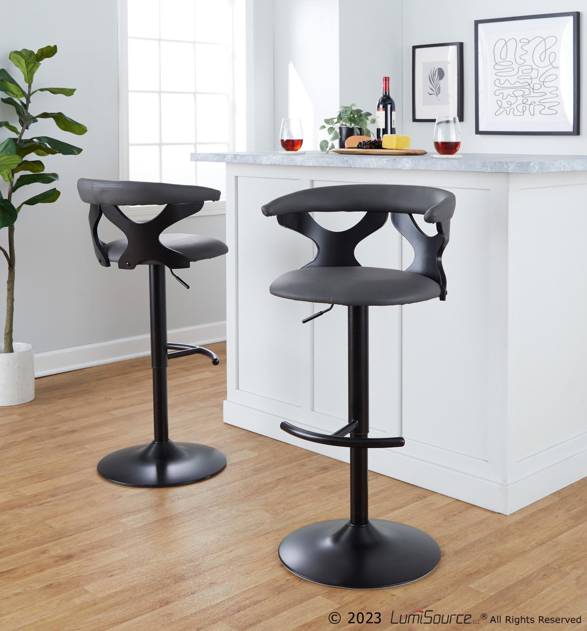 Gardenia Adjustable Barstool - Set of 2 - Black Wood, Black Metal, Grey PU