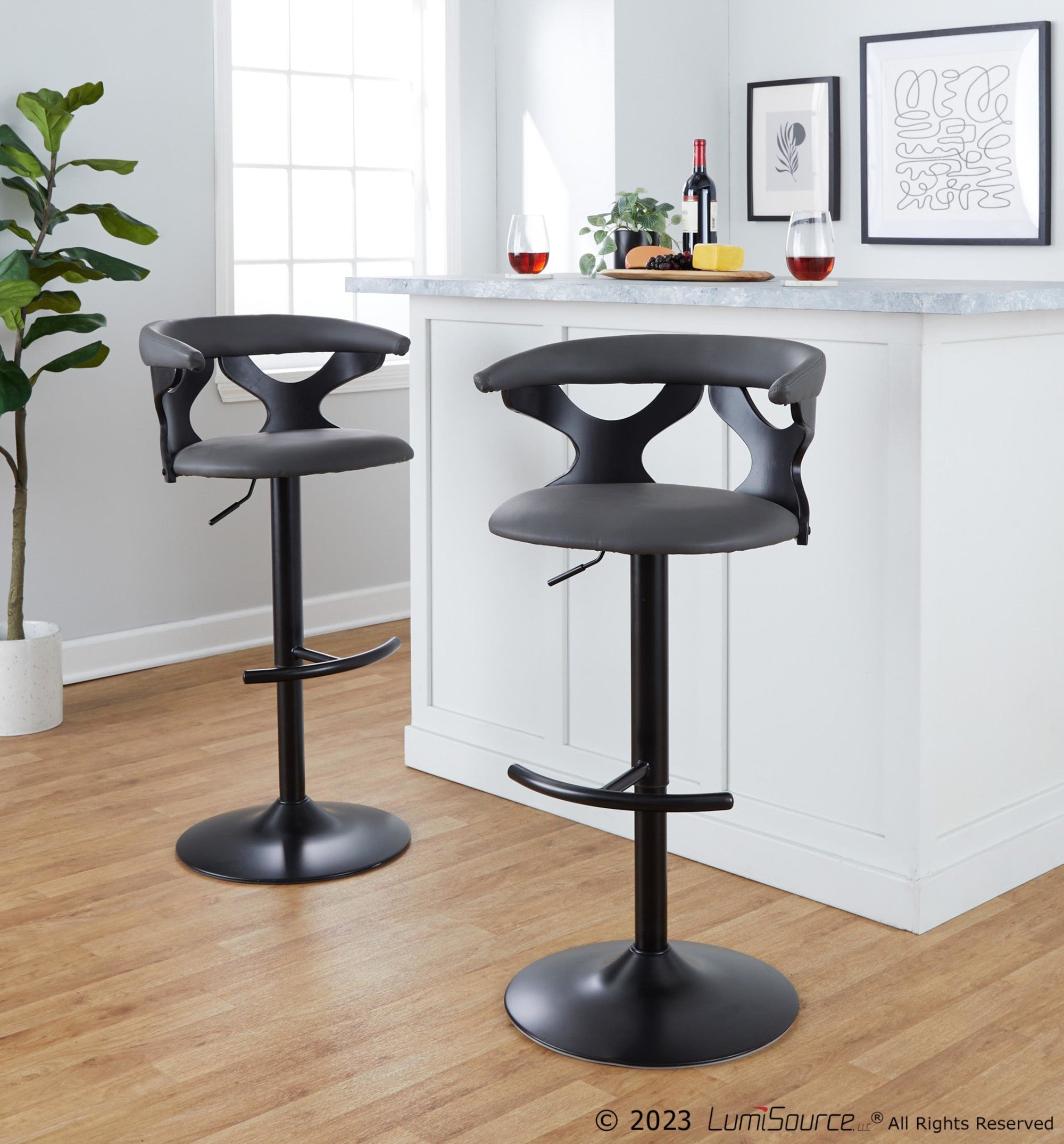 Gardenia Adjustable Barstool - Set of 2 - Black Wood, Black Metal, Grey PU