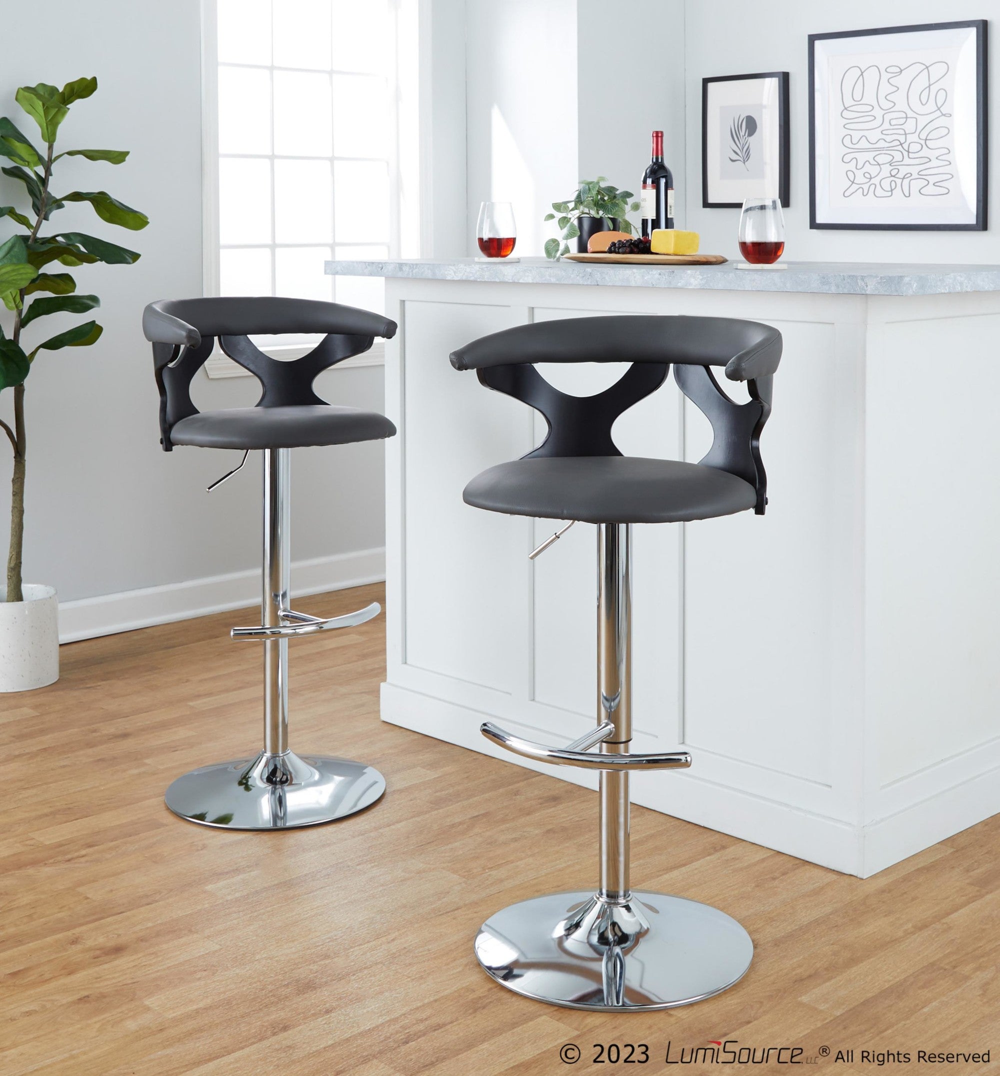 Gardenia Adjustable Barstool - Set of 2 - Black Wood, Chrome Metal, Grey PU