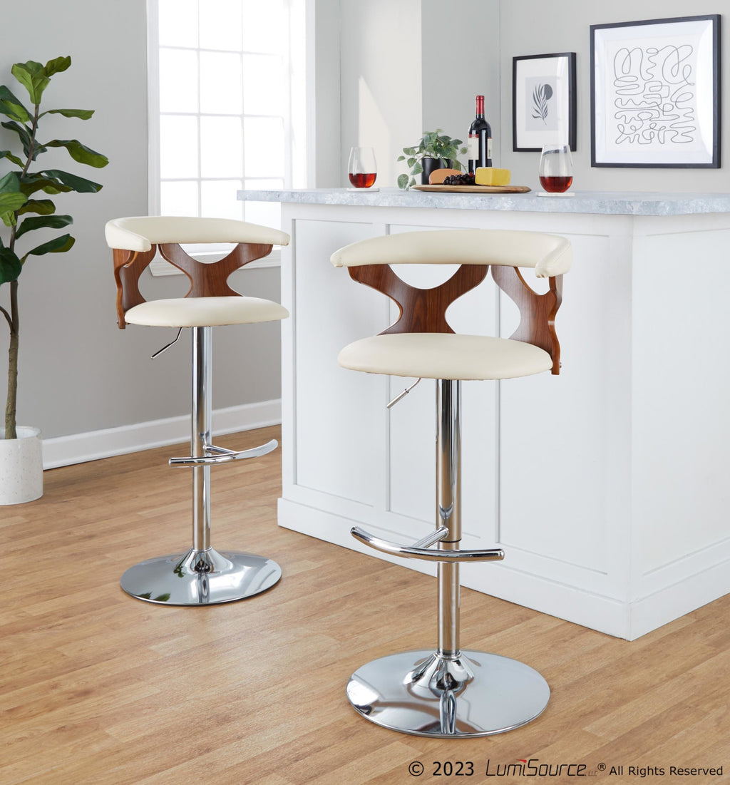 Gardenia Adjustable Barstool - Set of 2 - Chrome Metal, Walnut Wood, Cream PU