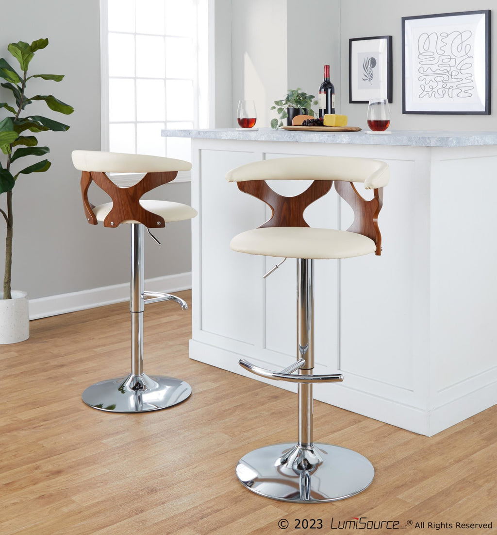 Gardenia Adjustable Barstool - Set of 2 - Chrome Metal, Walnut Wood, Cream PU