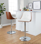 Gianna Adjustable Barstool - Set of 2 - Chrome Metal, Walnut Wood, White PU