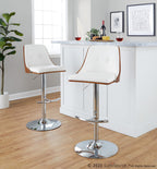 Gianna Adjustable Barstool - Set of 2 - Chrome Metal, Walnut Wood, White PU