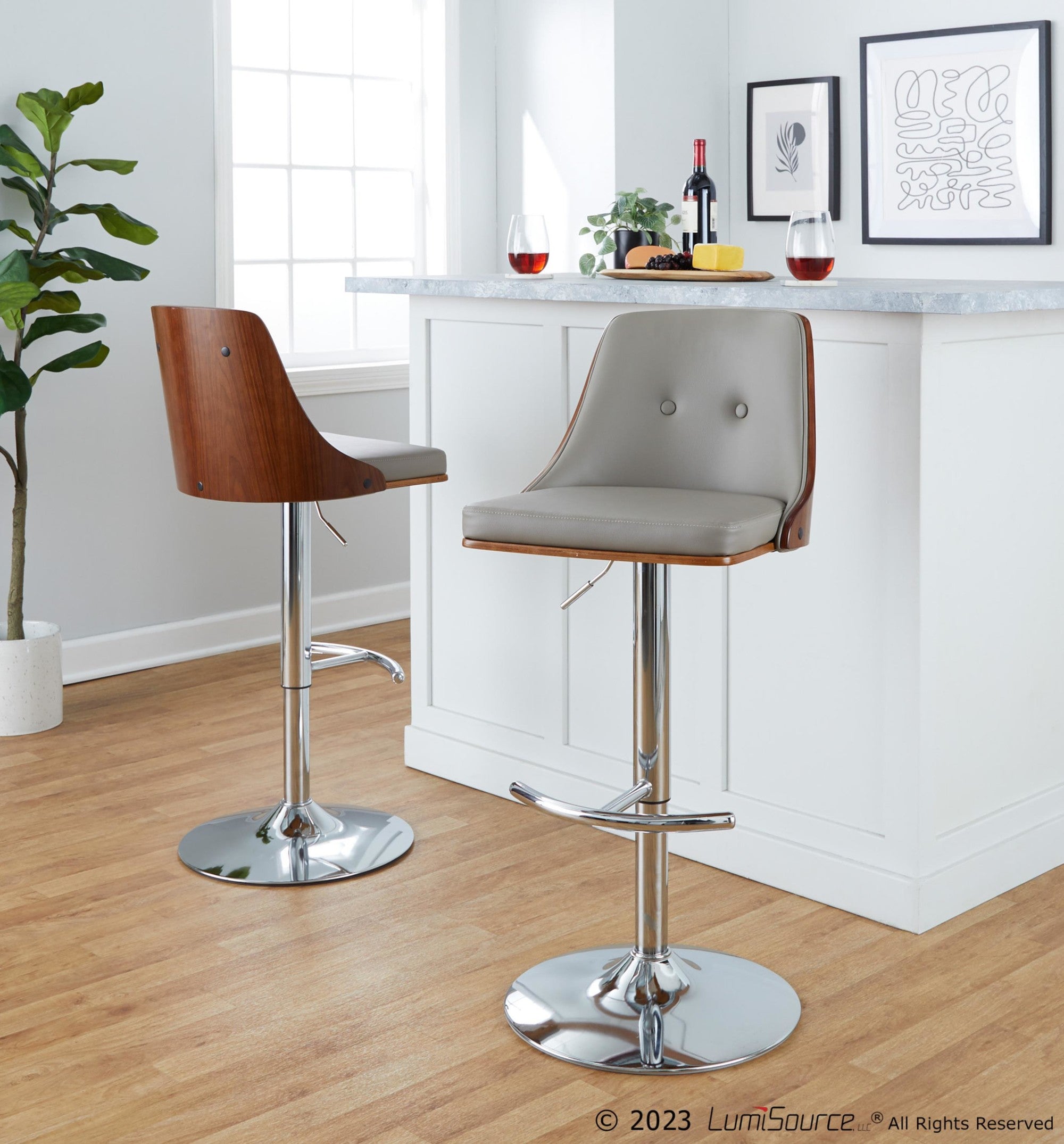 Gianna Adjustable Barstool - Set of 2 - Chrome Metal, Walnut Wood, Light Grey PU