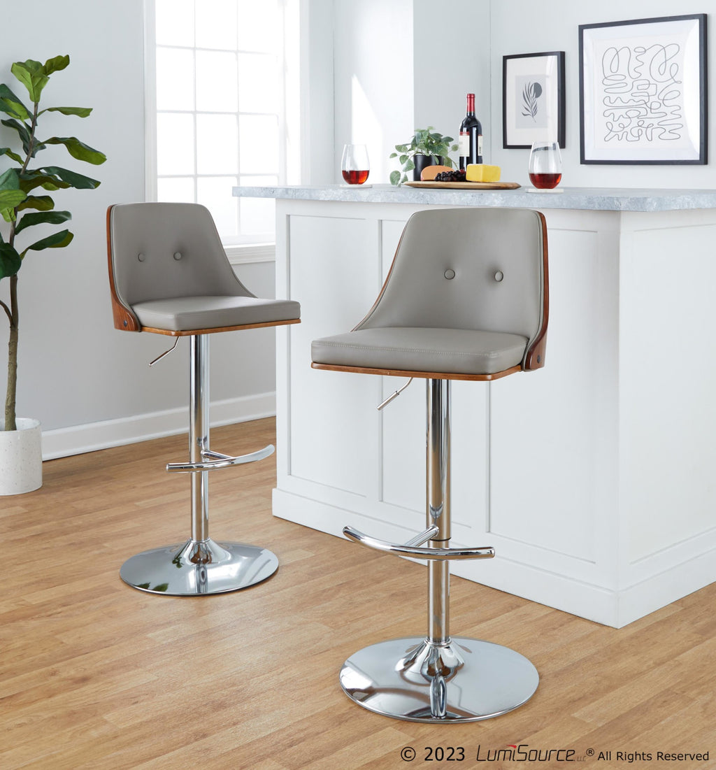 Gianna Adjustable Barstool - Set of 2 - Chrome Metal, Walnut Wood, Light Grey PU