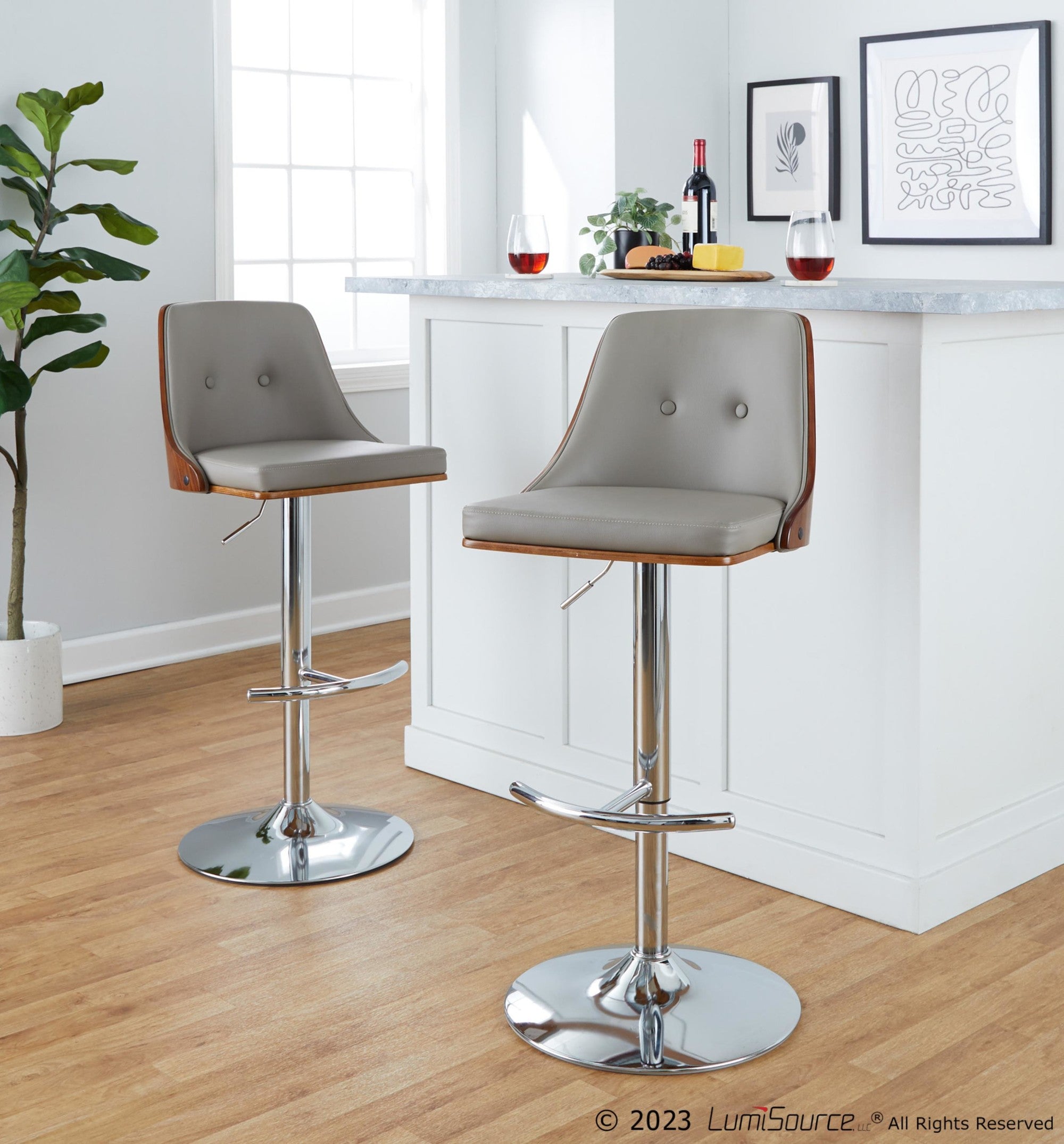 Gianna Adjustable Barstool - Set of 2 - Chrome Metal, Walnut Wood, Light Grey PU