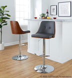 Gianna Adjustable Barstool - Set of 2 - Chrome Metal, Walnut Wood, Grey PU