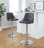Gianna Adjustable Barstool - Set of 2 - Chrome Metal, Walnut Wood, Grey PU