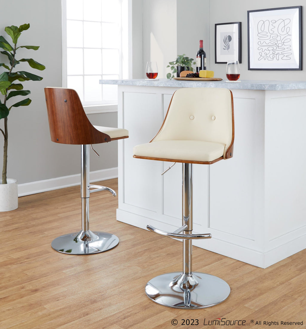 Gianna Adjustable Barstool - Set of 2 - Chrome Metal, Walnut Wood, Cream PU