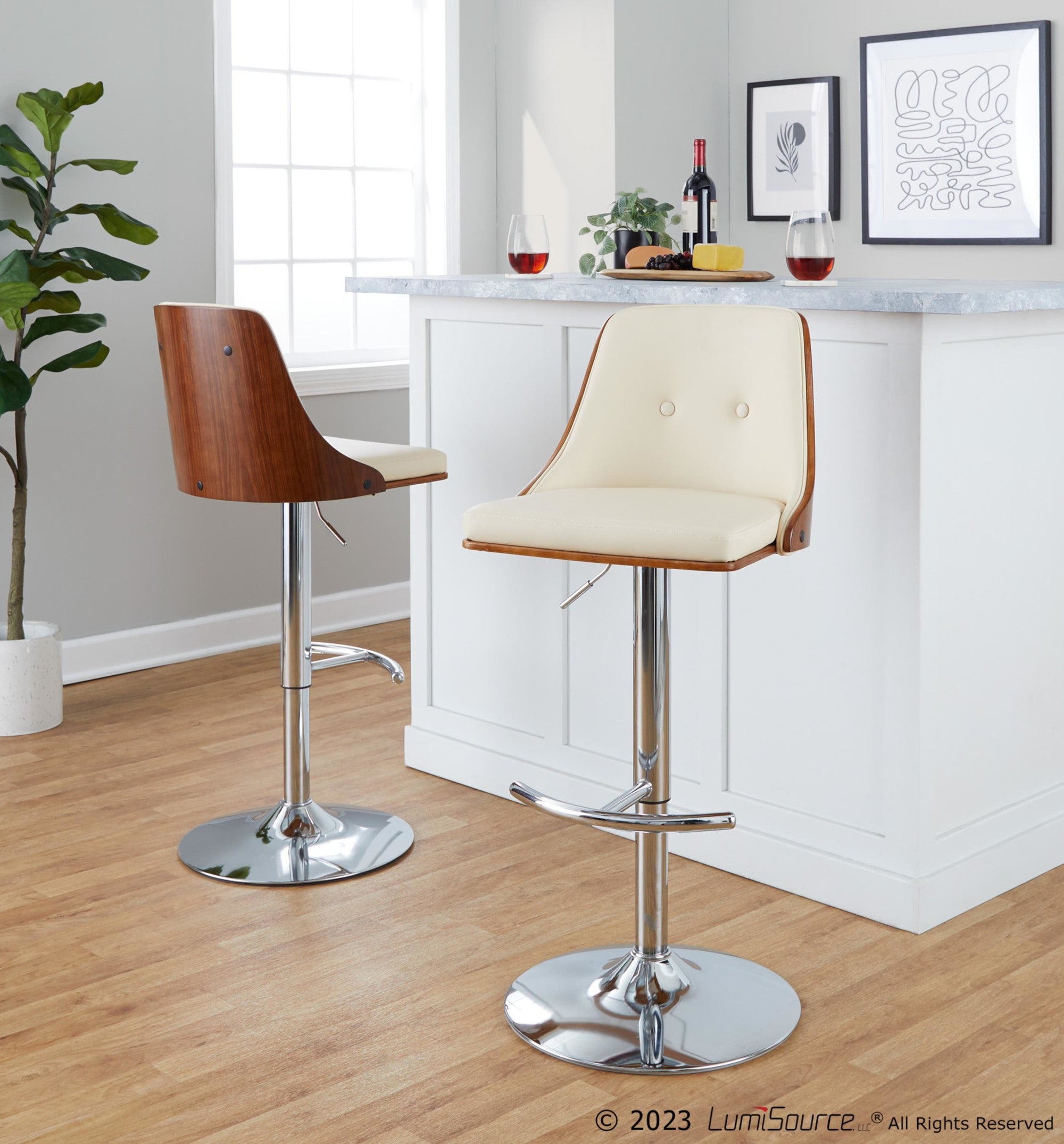 Gianna Adjustable Barstool - Set of 2 - Chrome Metal, Walnut Wood, Cream PU
