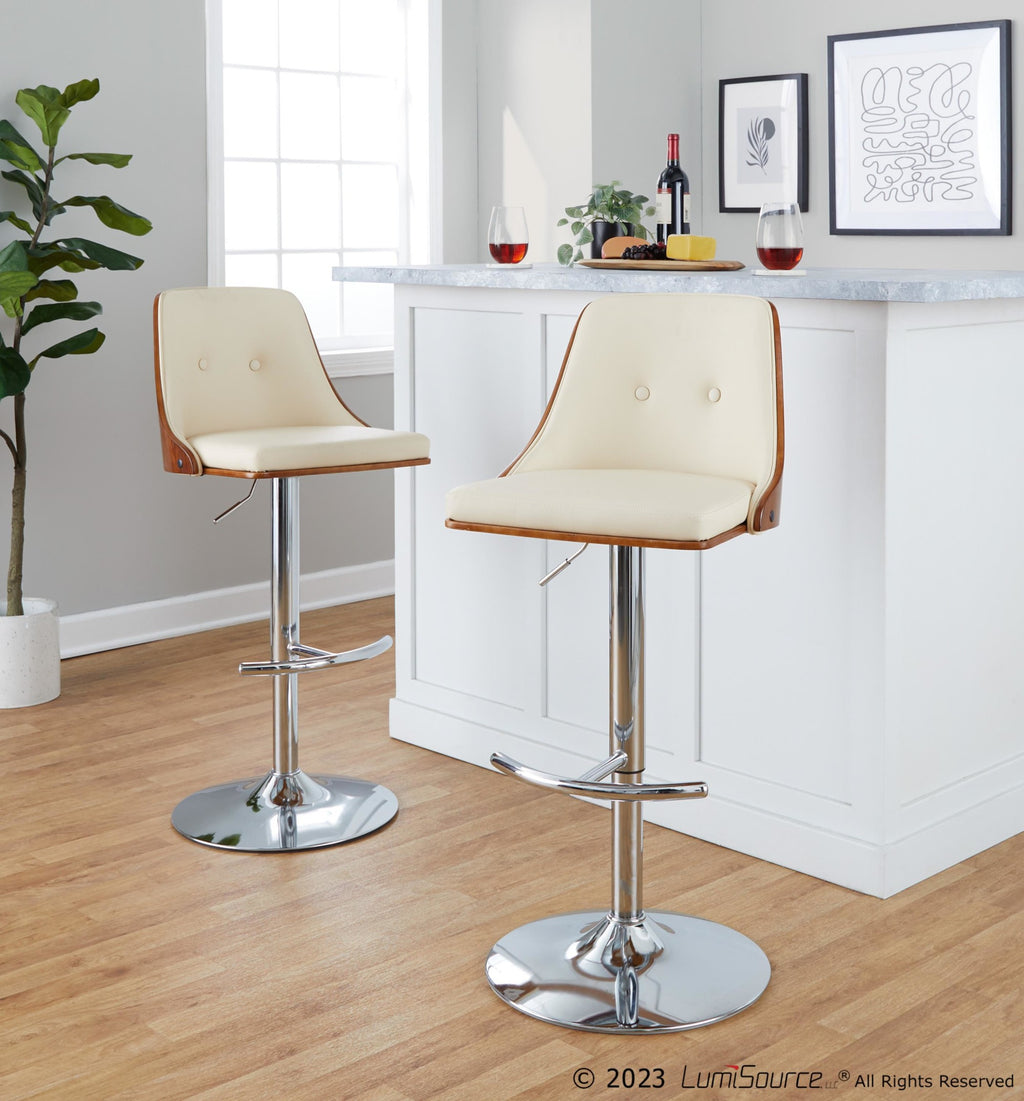 Gianna Adjustable Barstool - Set of 2 - Chrome Metal, Walnut Wood, Cream PU
