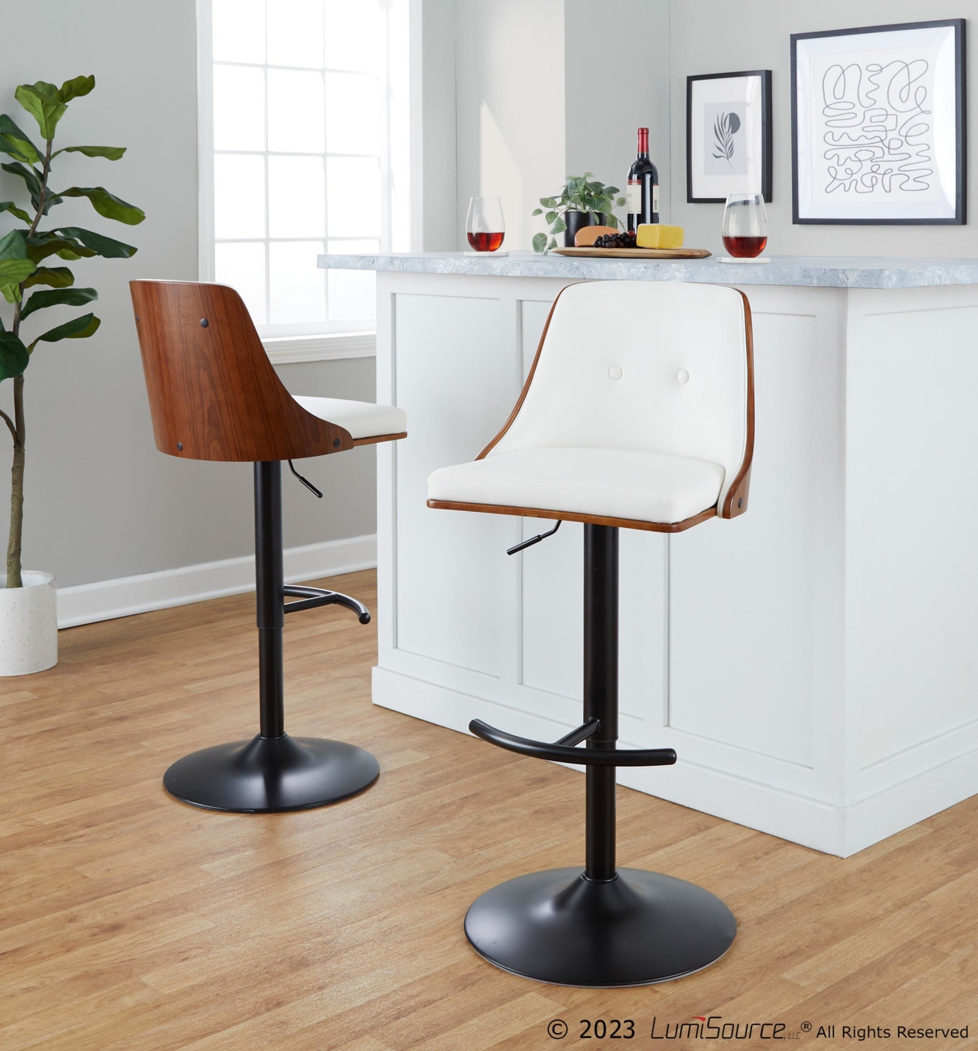 Gianna Adjustable Barstool - Set of 2 - Black Metal, Walnut Wood, White PU