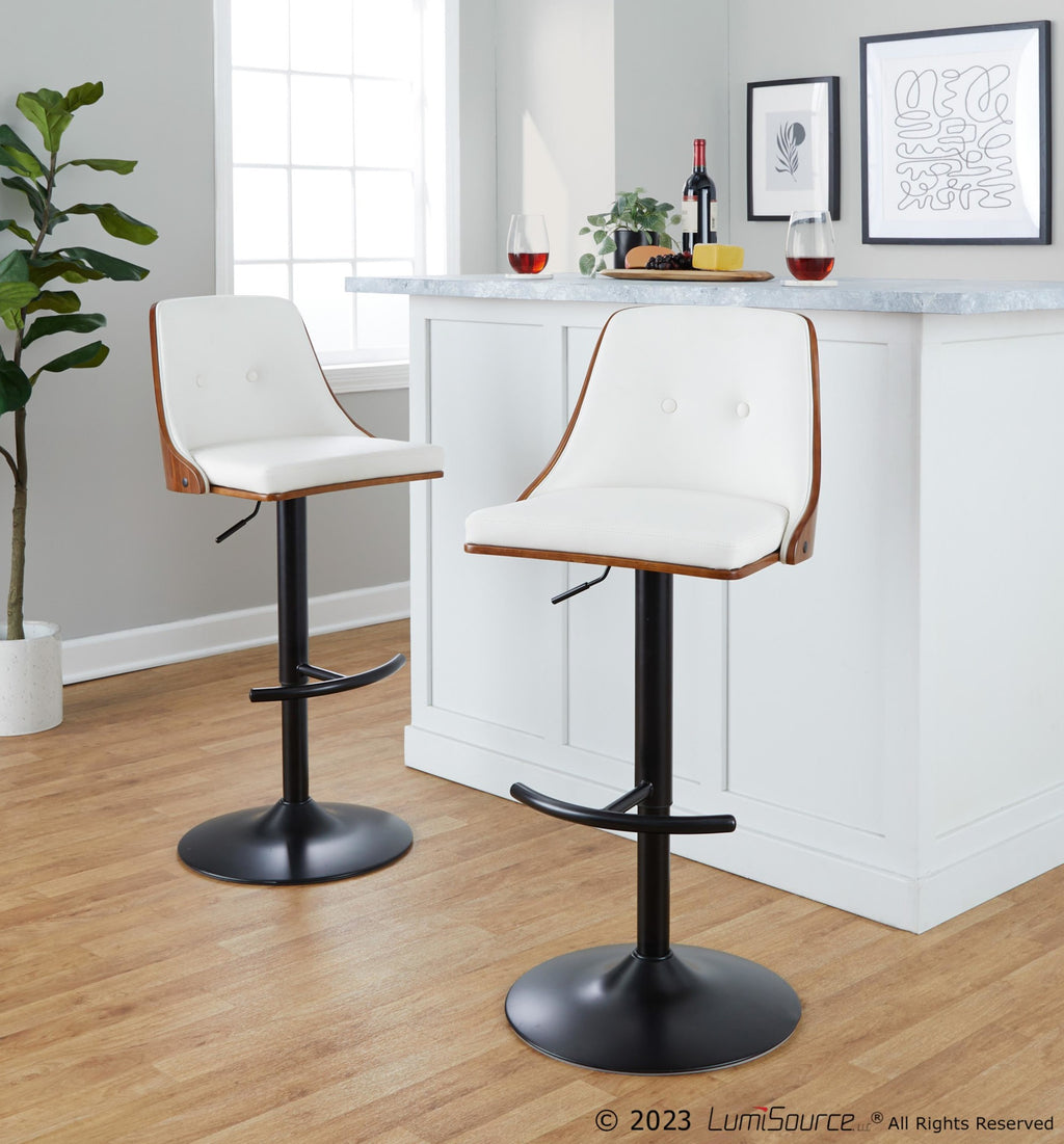 Gianna Adjustable Barstool - Set of 2 - Black Metal, Walnut Wood, White PU