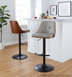 Gianna Adjustable Barstool - Set of 2 - Matte Black Metal, Walnut Wood, Light Grey PU