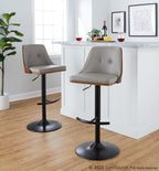 Gianna Adjustable Barstool - Set of 2 - Matte Black Metal, Walnut Wood, Light Grey PU