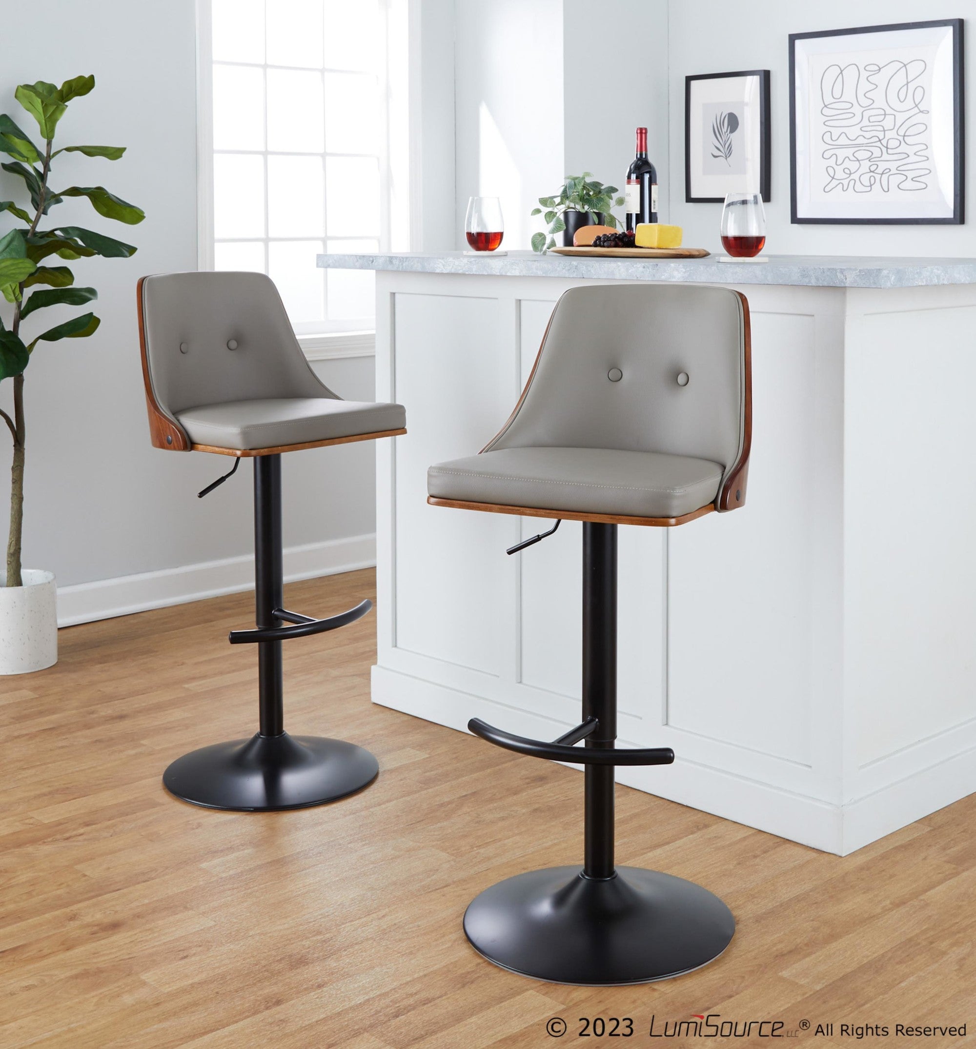 Gianna Adjustable Barstool - Set of 2 - Matte Black Metal, Walnut Wood, Light Grey PU