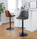 Gianna Adjustable Barstool - Set of 2 - Matte Black Metal, Walnut Wood, Grey PU