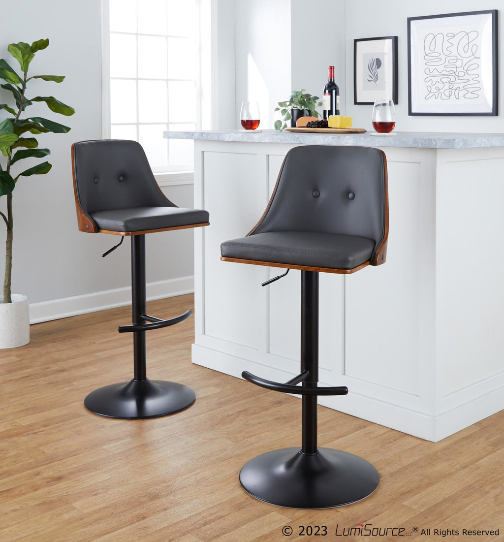 Gianna Adjustable Barstool - Set of 2 - Matte Black Metal, Walnut Wood, Grey PU