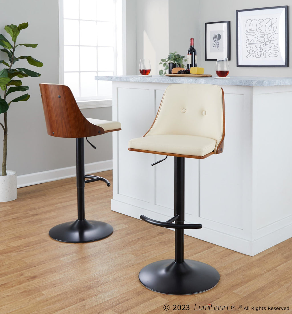 Gianna Adjustable Barstool - Set of 2 - Black Metal, Walnut Wood, Cream PU