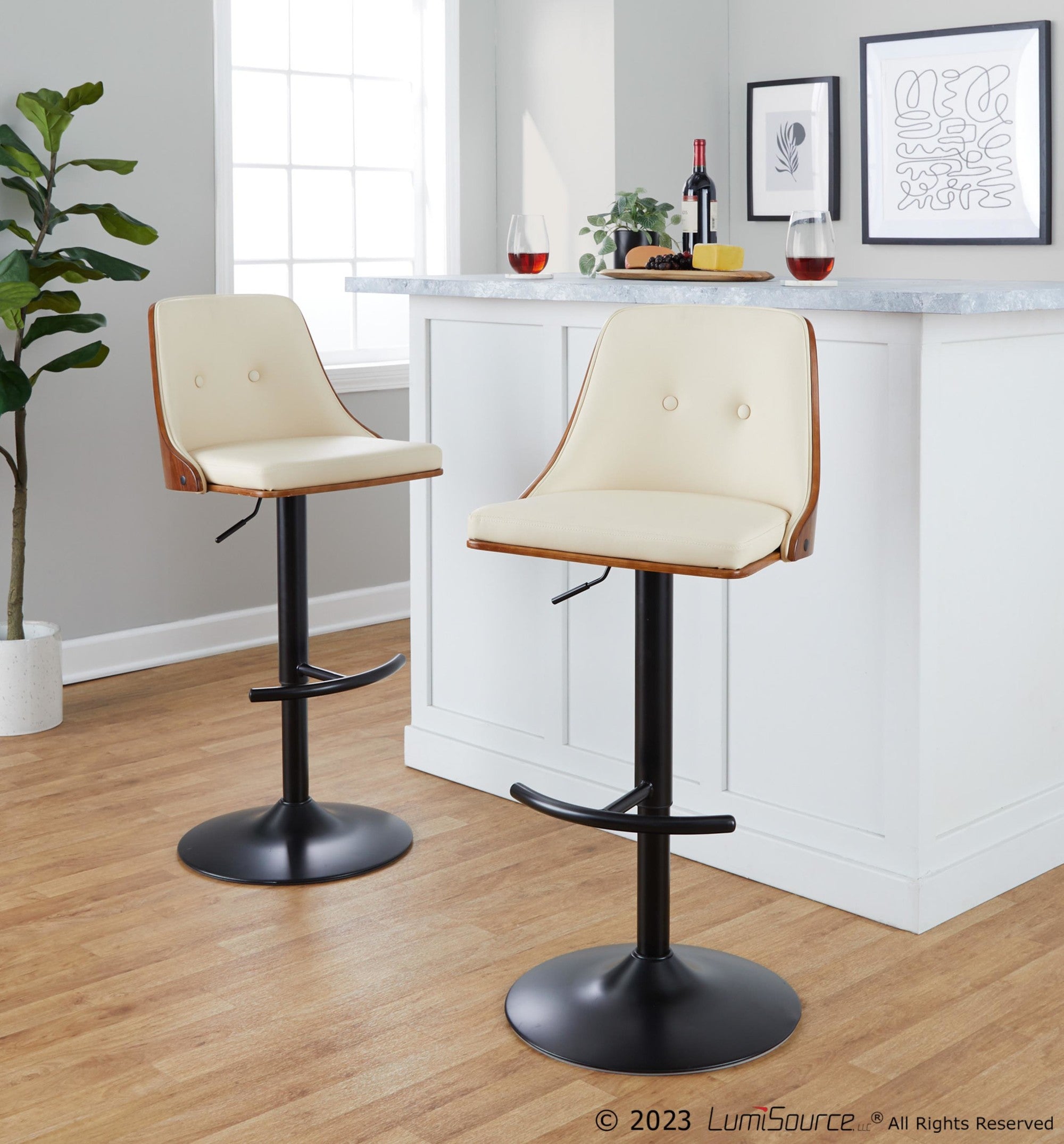 Gianna Adjustable Barstool - Set of 2 - Black Metal, Walnut Wood, Cream PU