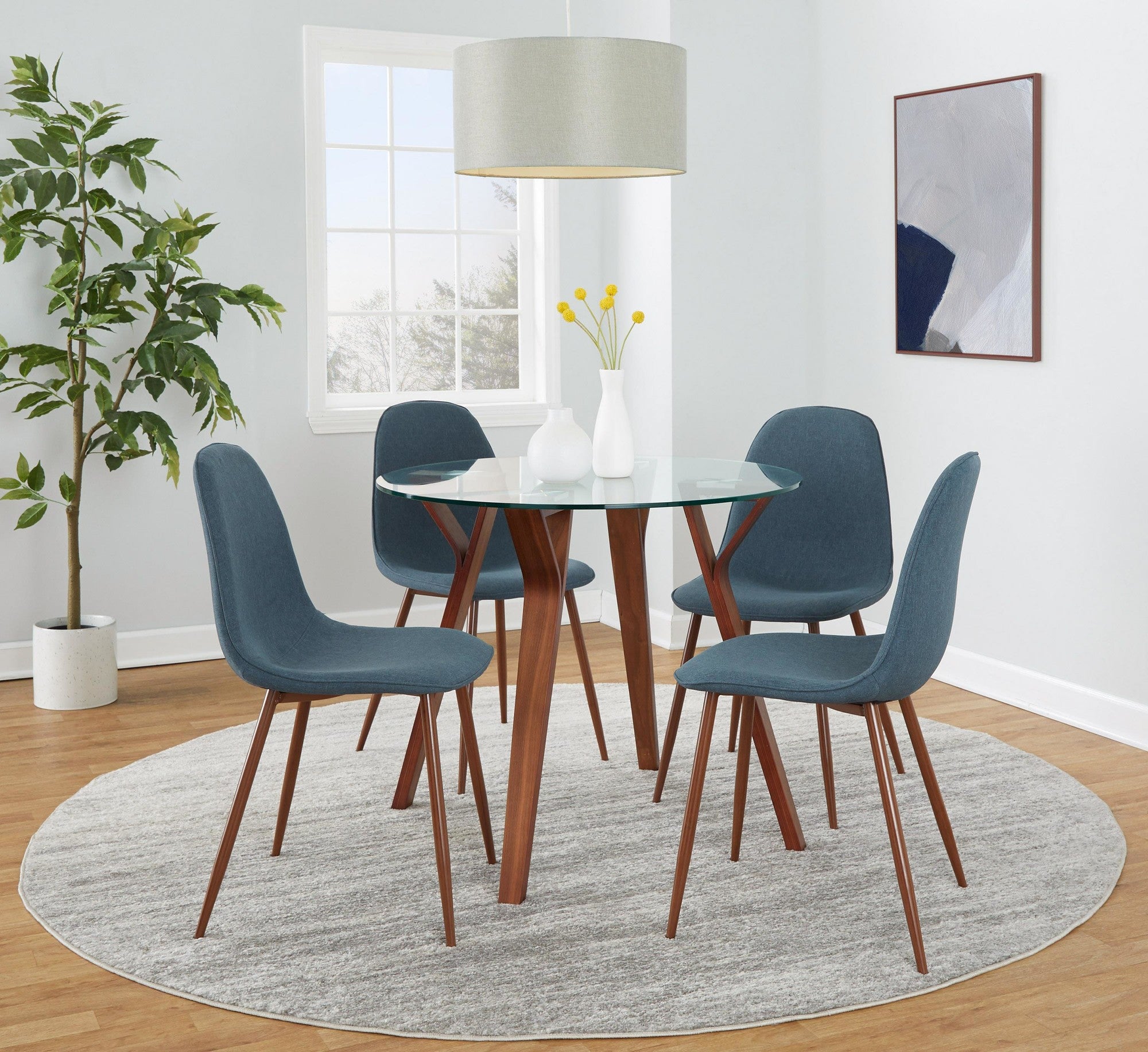 Folia Round Pebble Dining Set - 5 Piece - Walnut Wood, Clear Glass, Walnut Metal, Blue Fabric