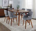 Folia Fabrico Dining Set - 7 Piece - Walnut Wood, Clear Glass, Grey Fabric