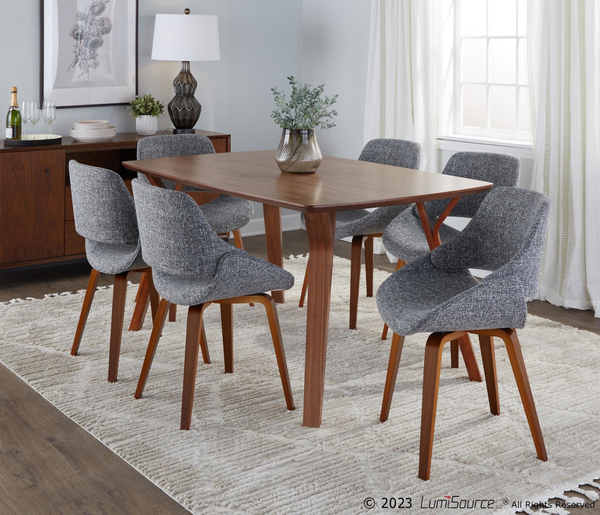 Folia Fabrico Dining Set - 7 Piece - Walnut Wood, Clear Glass, Grey Fabric