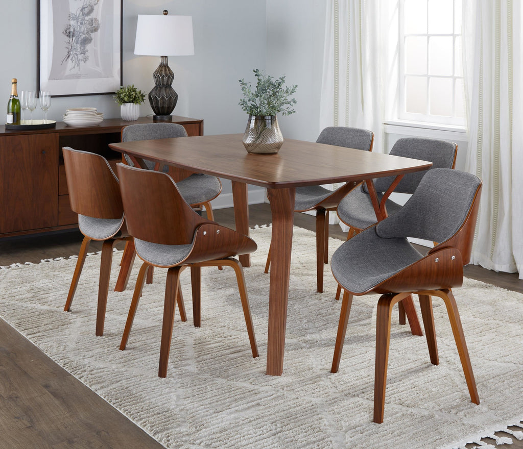 Folia Fabrizzi Dining Set - 7 Piece - Walnut Wood, Grey Fabric
