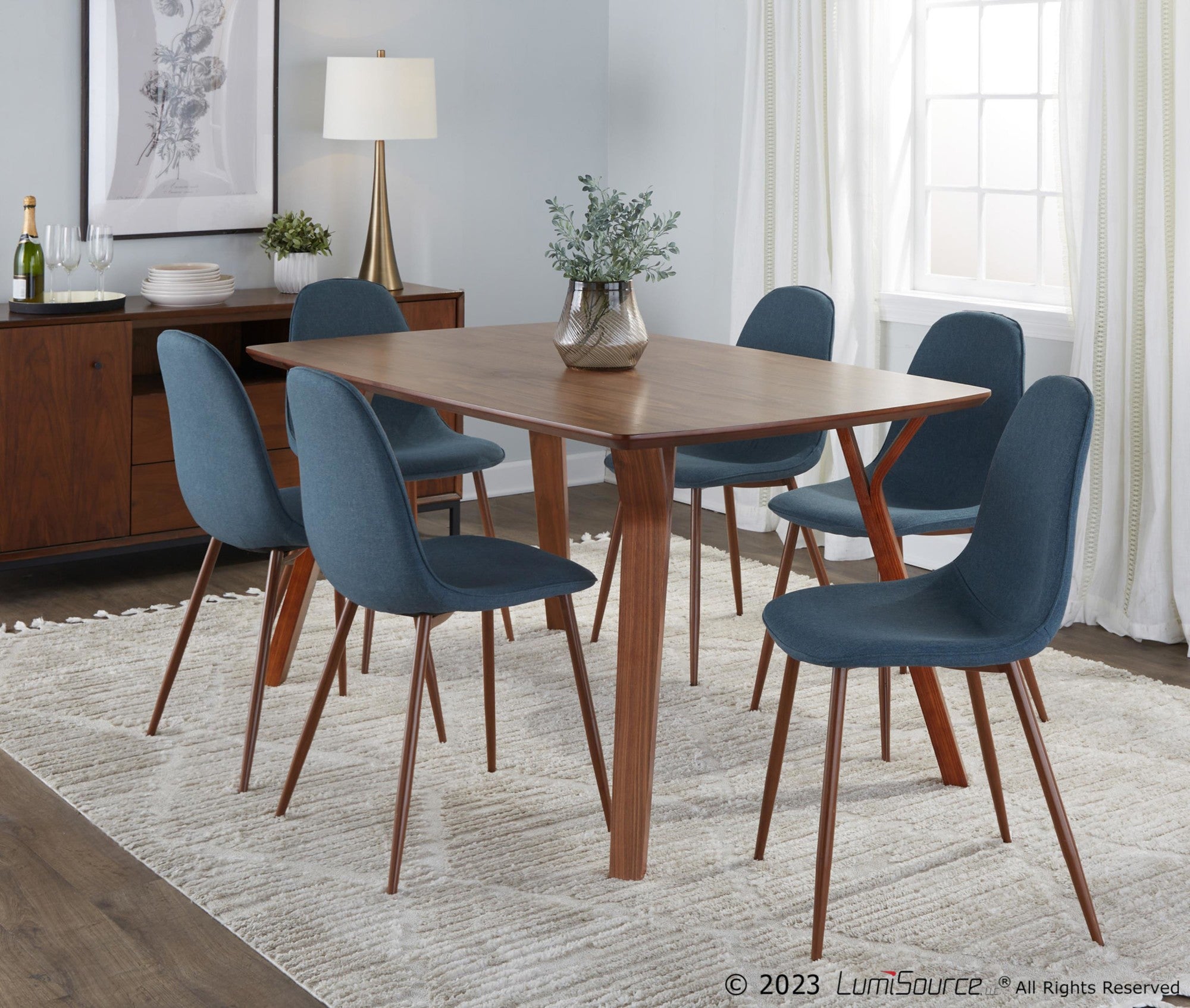 Folia Pebble Dining Set - 7 Piece - Walnut Wood, Clear Glass, Walnut Metal, Blue Fabric