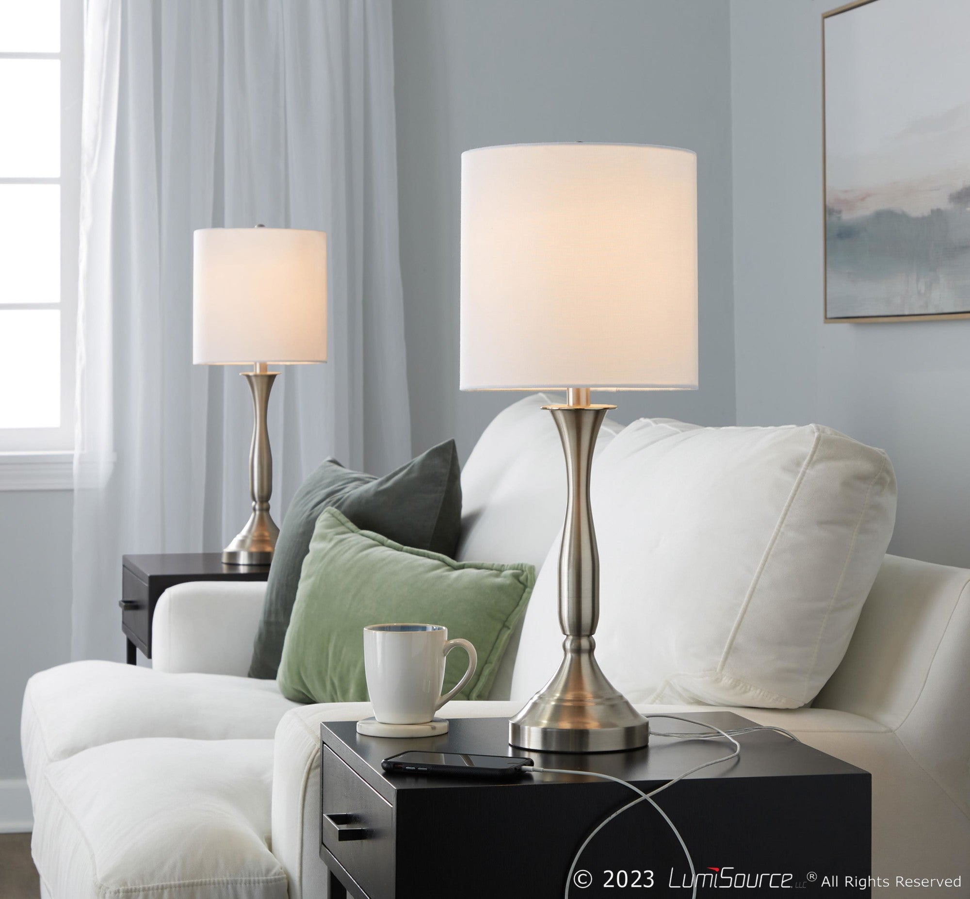Sawyer 25" Metal Table Lamp With Usb - Set of 2 - Brushed Nickel, White Linen