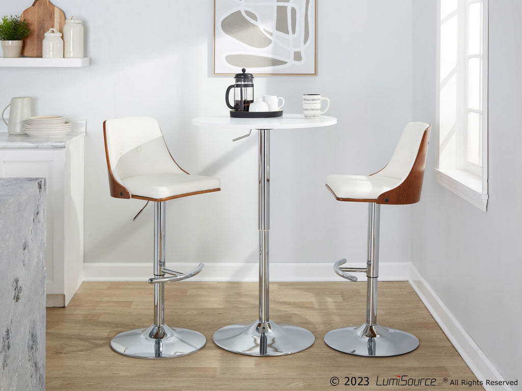 Gianna Adjustable Barstool - Set of 2 - Chrome Metal, Walnut Wood, White PU