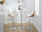 Gianna Adjustable Barstool - Set of 2 - Chrome Metal, Walnut Wood, White PU