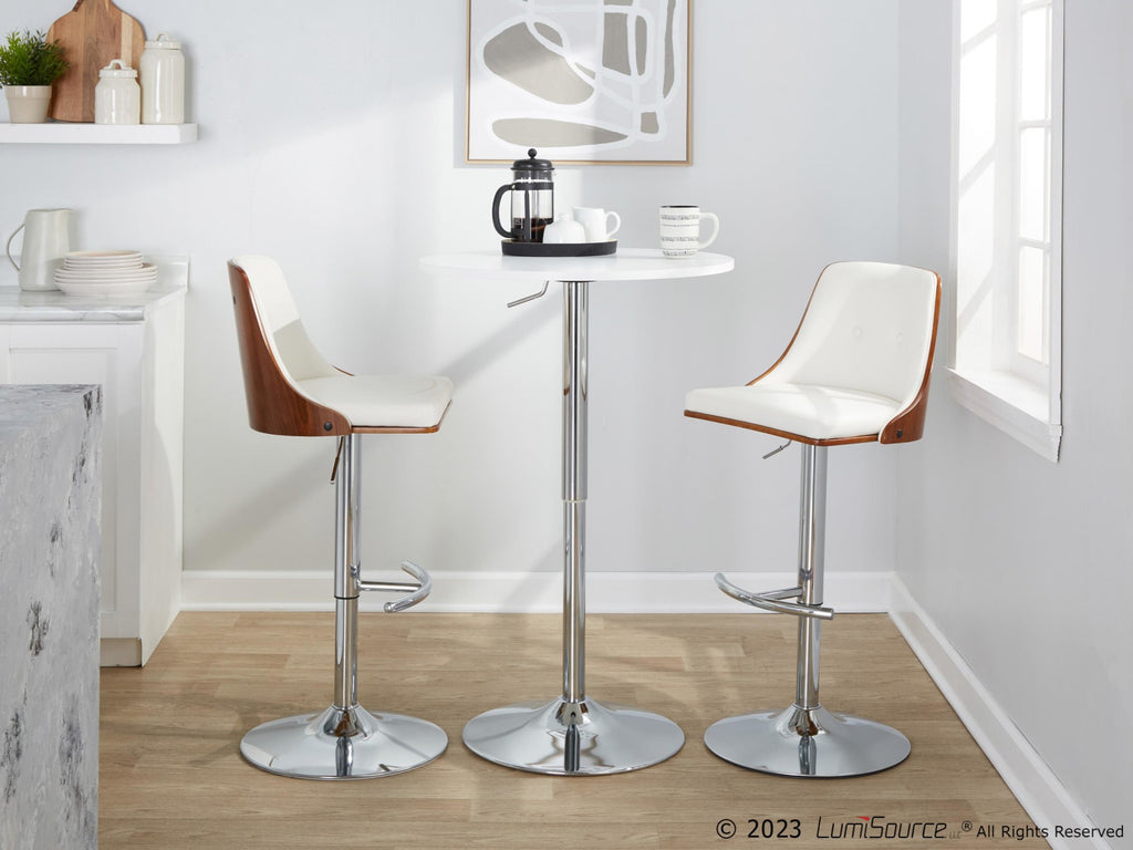 Gianna Adjustable Barstool - Set of 2 - Chrome Metal, Walnut Wood, White PU