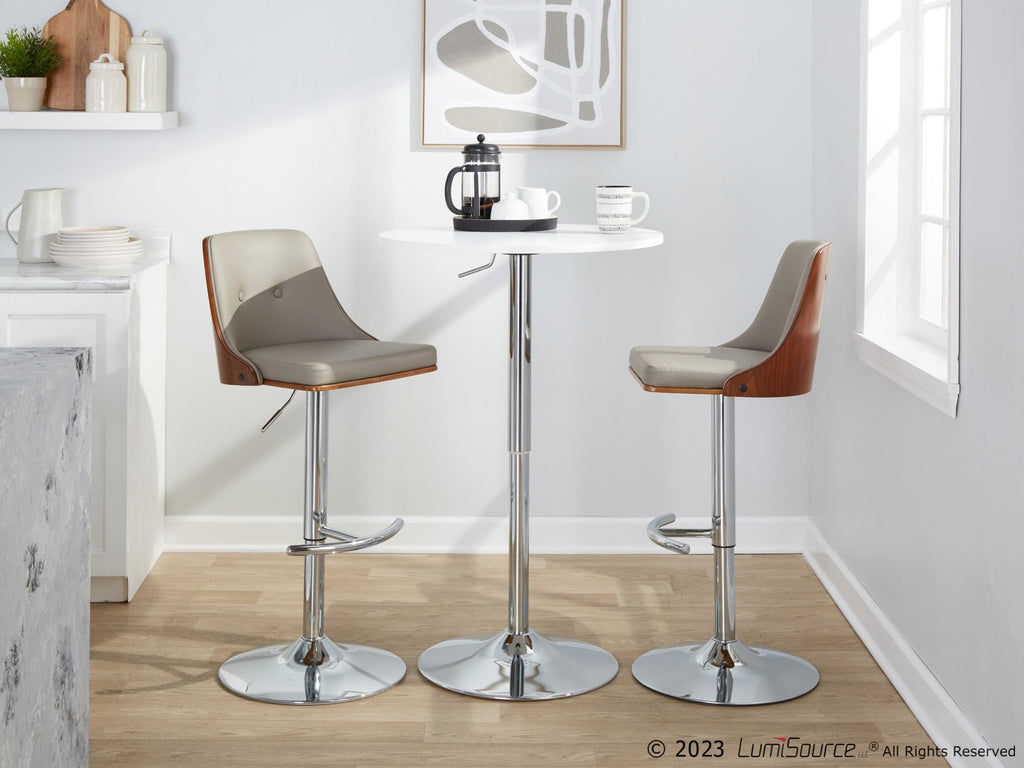 Gianna Adjustable Barstool - Set of 2 - Chrome Metal, Walnut Wood, Light Grey PU